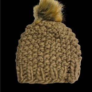 Tan Scrunchy thick Acrylic Yarn Custom Winter Beanie with Fox PomPom OS